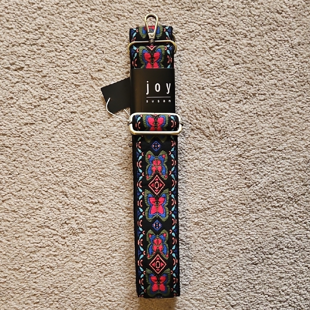 NWT Joy Susan Black Strap with Pink and Blue Embroidered Butterflies